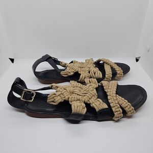 Tory Burch black leather and tan macrame Fleur flat sandals 8.5M